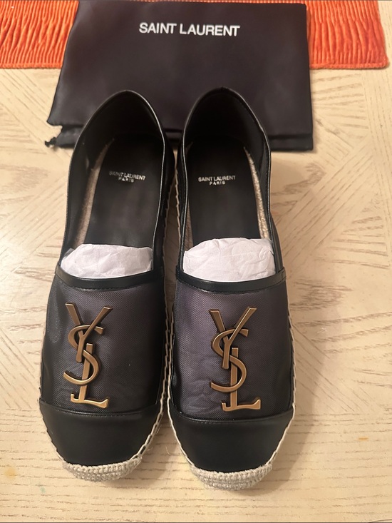 Saint Laurent Shoes - Elegant stylish Black Espadrilles with Gold YSL Logo